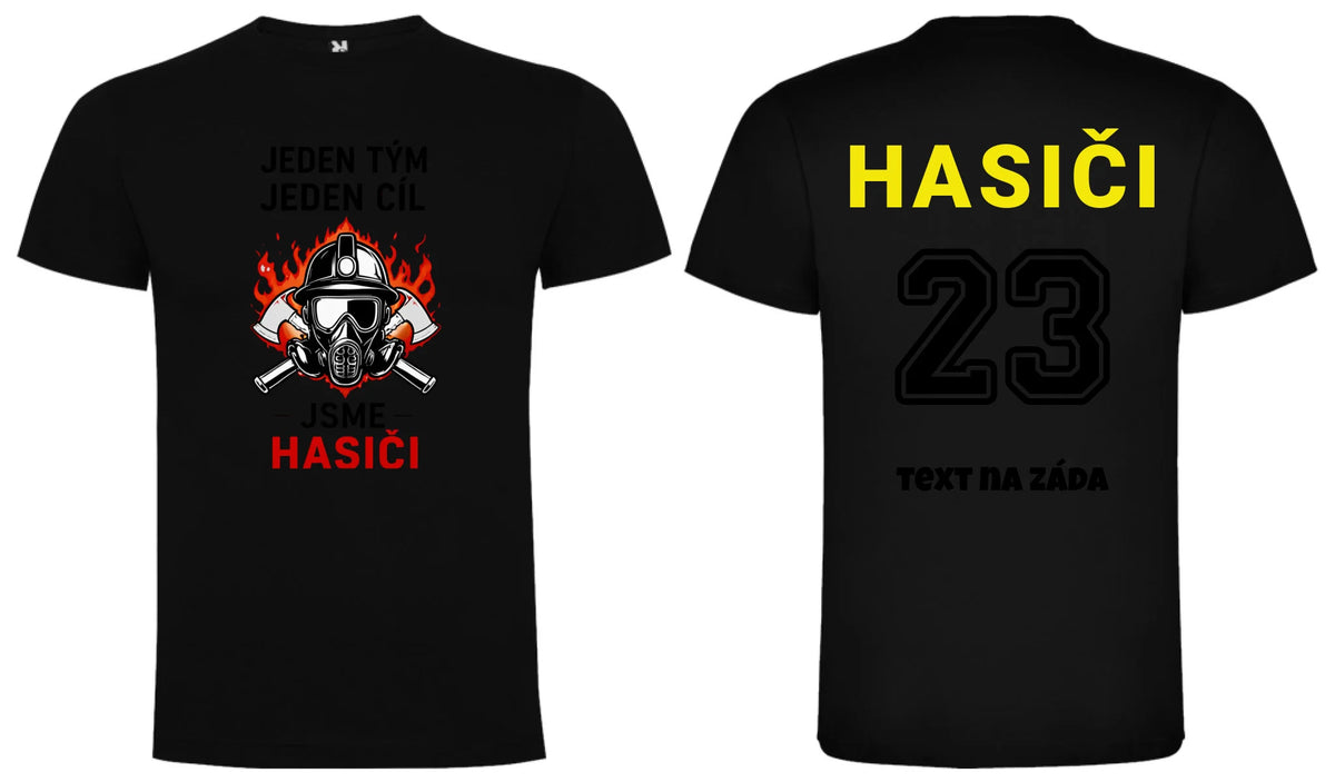PÁNSKÉ TRIČKO S MOTIVEM HASIČI JEDEN TÝM možnost vlastního jména, čísla nebo obrázku motiv dopředu a na záda vlastní potisk Černá