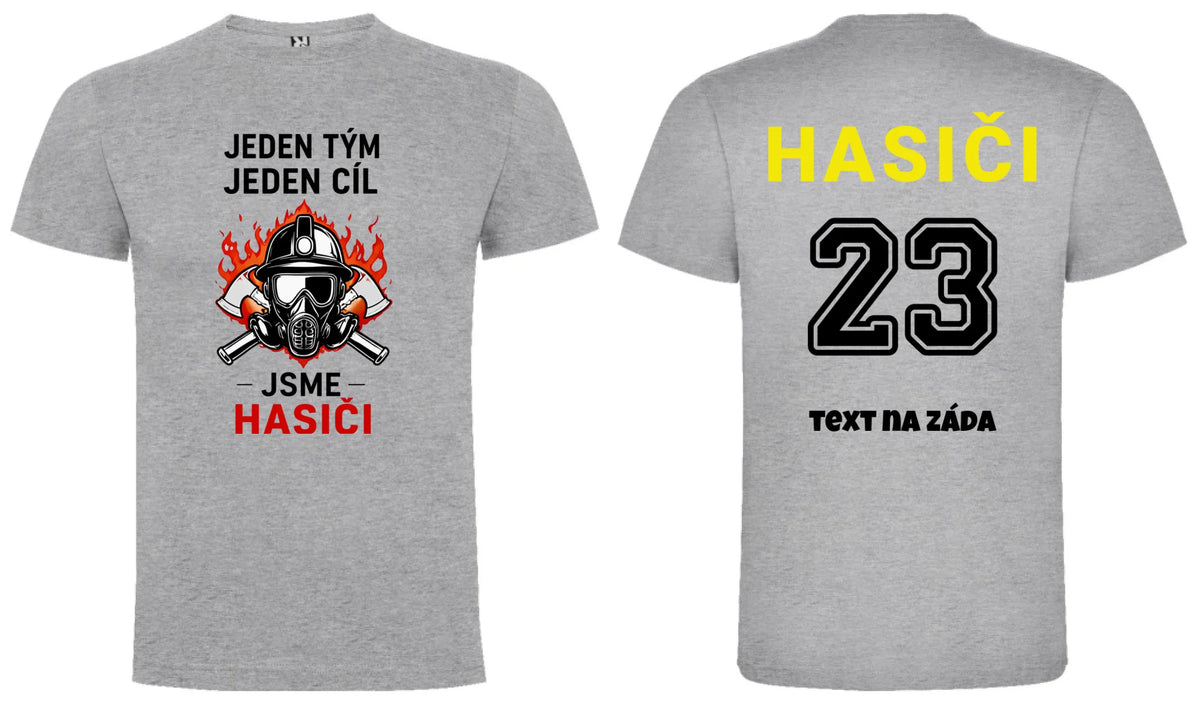 PÁNSKÉ TRIČKO S MOTIVEM HASIČI JEDEN TÝM možnost vlastního jména, čísla nebo obrázku motiv dopředu a na záda vlastní potisk Melír