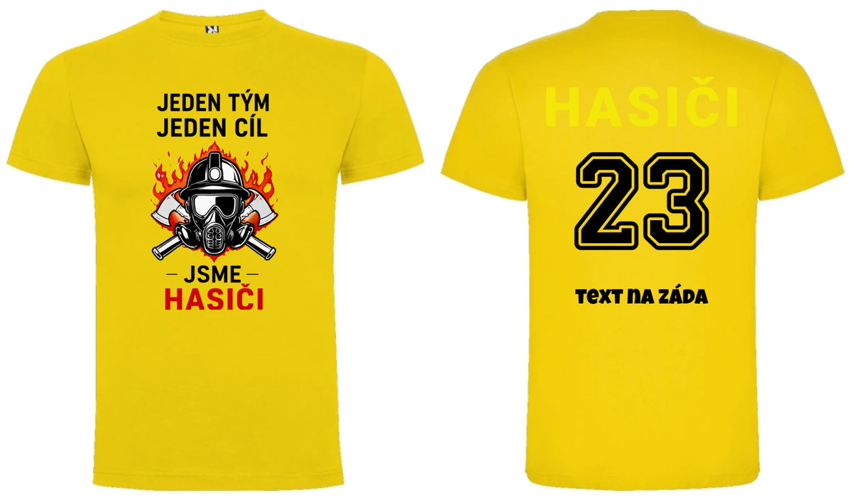 PÁNSKÉ TRIČKO S MOTIVEM HASIČI JEDEN TÝM možnost vlastního jména, čísla nebo obrázku motiv dopředu a na záda vlastní potisk Žlutá