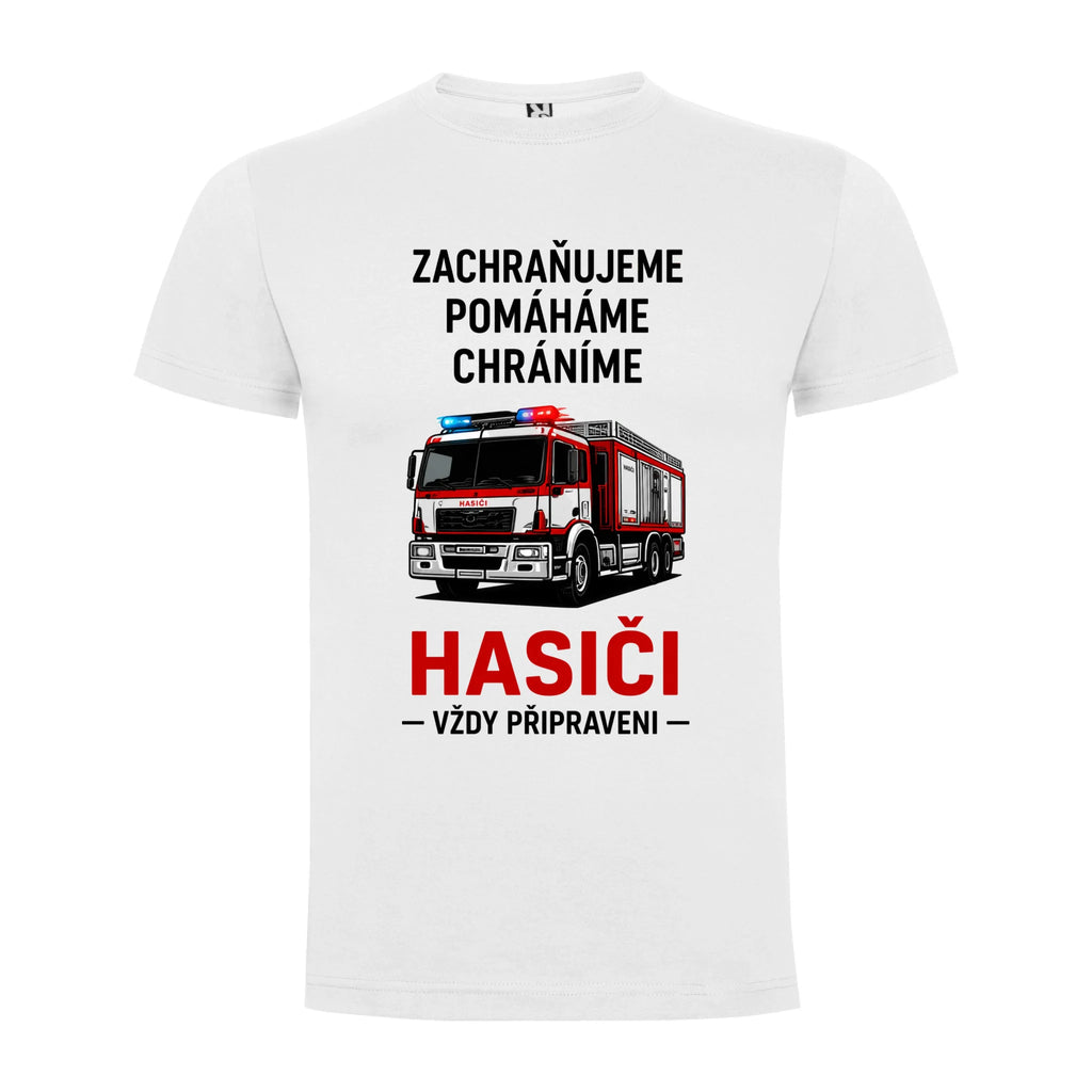 PÁNSKÉ TRIČKO HASIČI VŽDY PŘIPRAVEN možnost dotisku jména, čísla nebo obrázku jen motiv dopředu Bílá