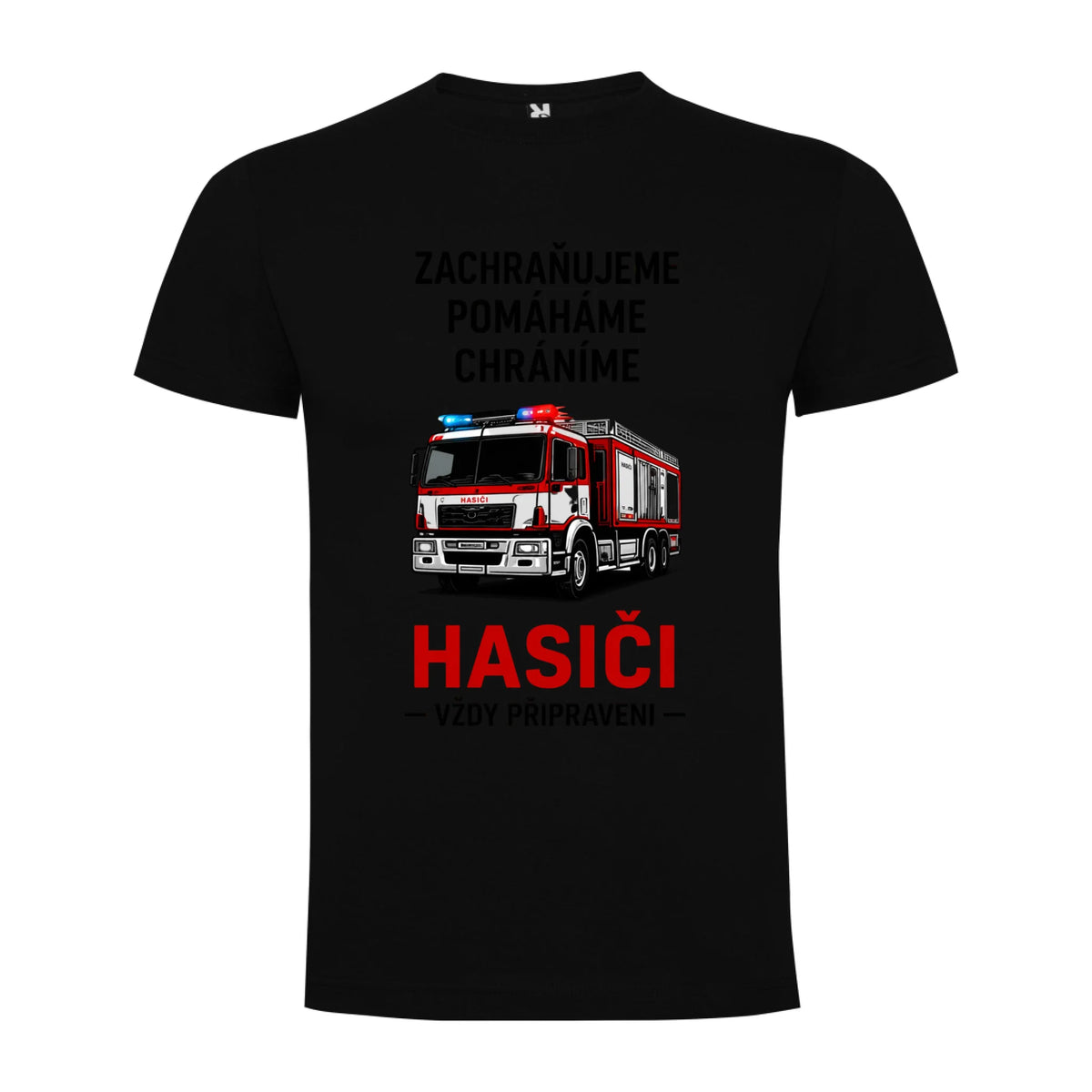 PÁNSKÉ TRIČKO HASIČI VŽDY PŘIPRAVEN možnost dotisku jména, čísla nebo obrázku jen motiv dopředu Černá