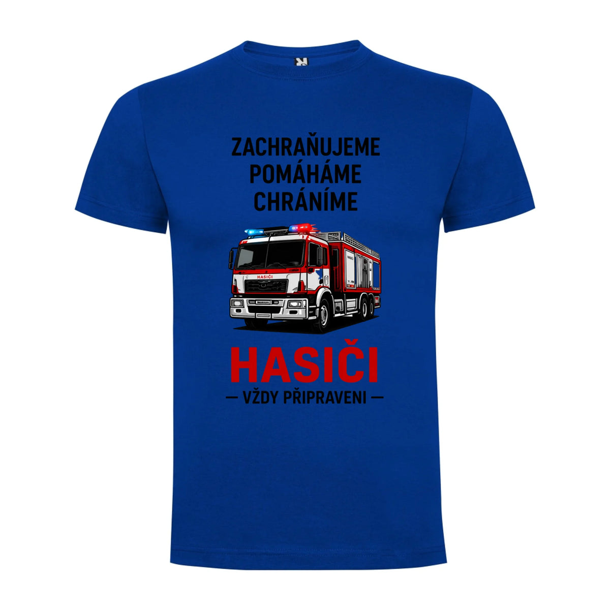 PÁNSKÉ TRIČKO HASIČI VŽDY PŘIPRAVEN možnost dotisku jména, čísla nebo obrázku jen motiv dopředu Modrá