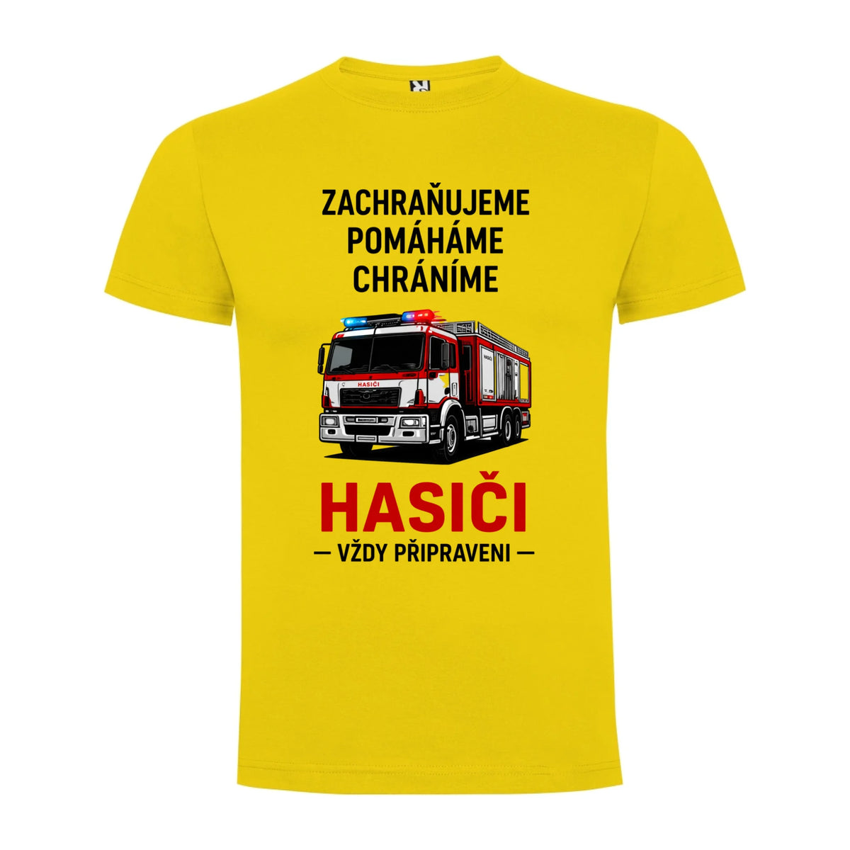 PÁNSKÉ TRIČKO HASIČI VŽDY PŘIPRAVEN možnost dotisku jména, čísla nebo obrázku jen motiv dopředu Žlutá