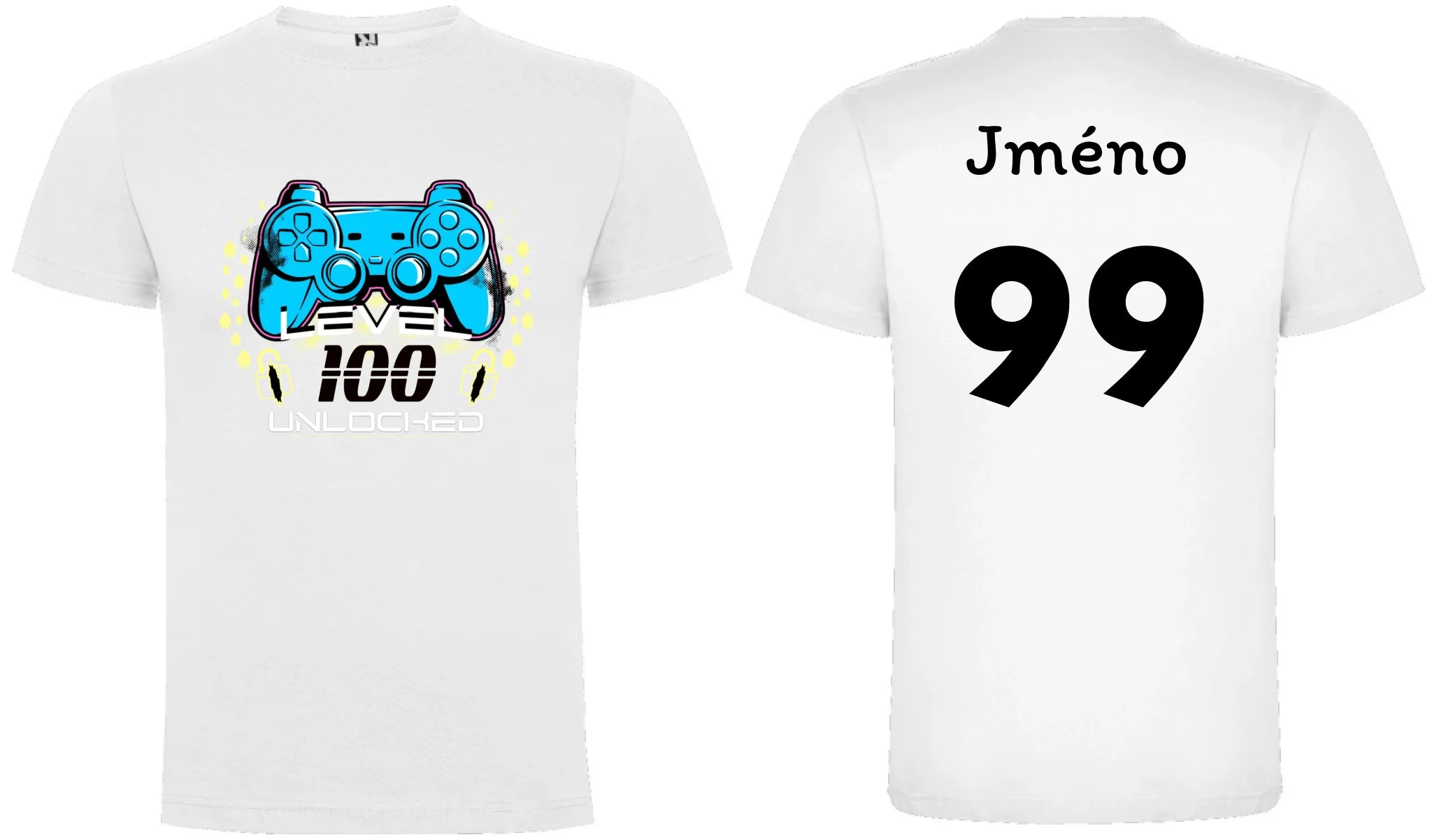 PÁNSKÉ TRIČKO s motivem NAROZENINY LEVEL UNLOCKED (vložíte věk) motiv dopředu a na záda vlastní potisk Bílá