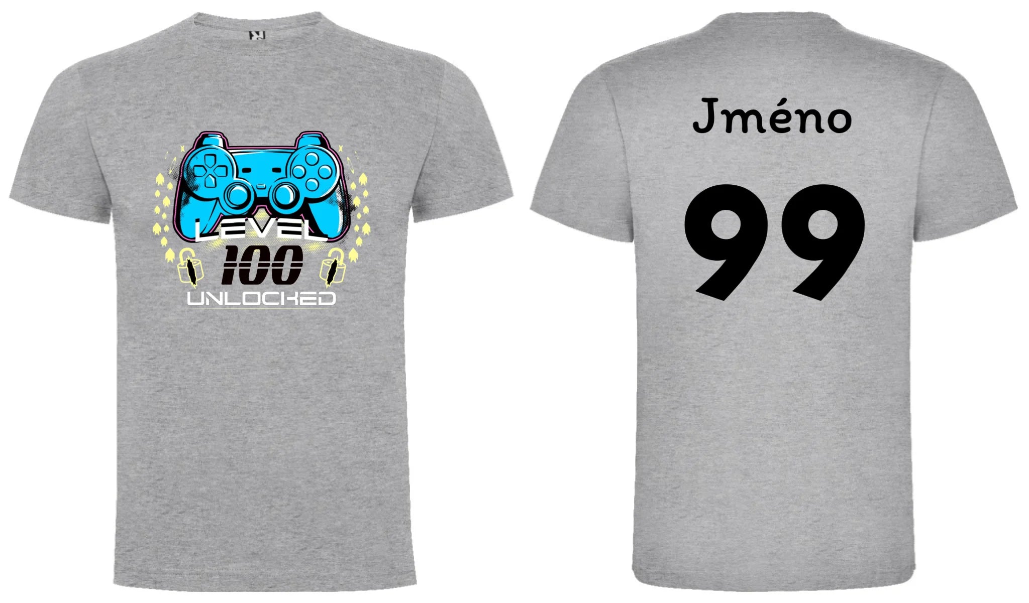 PÁNSKÉ TRIČKO s motivem NAROZENINY LEVEL UNLOCKED (vložíte věk) motiv dopředu a na záda vlastní potisk Melír