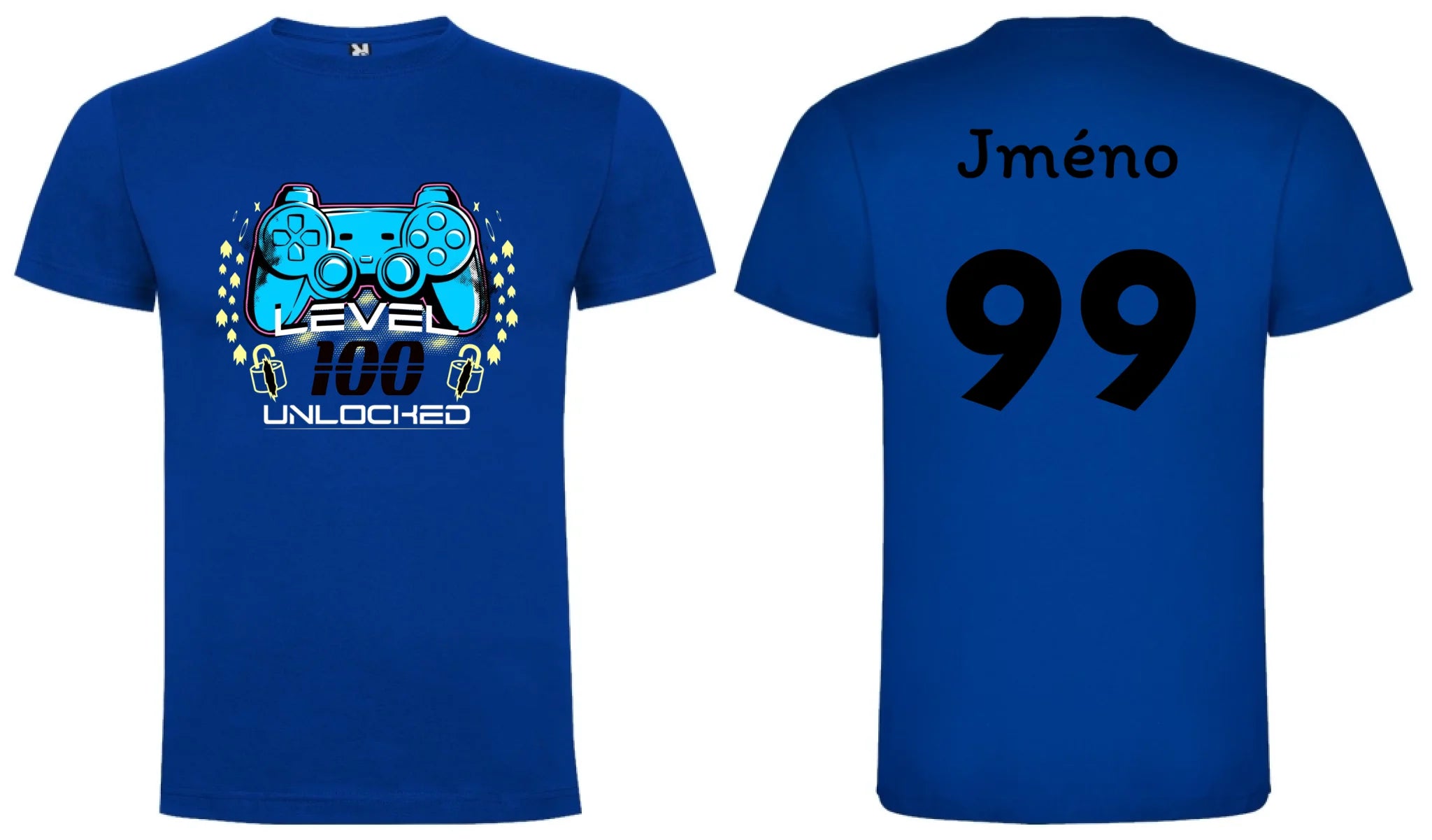 PÁNSKÉ TRIČKO s motivem NAROZENINY LEVEL UNLOCKED (vložíte věk) motiv dopředu a na záda vlastní potisk Modrá