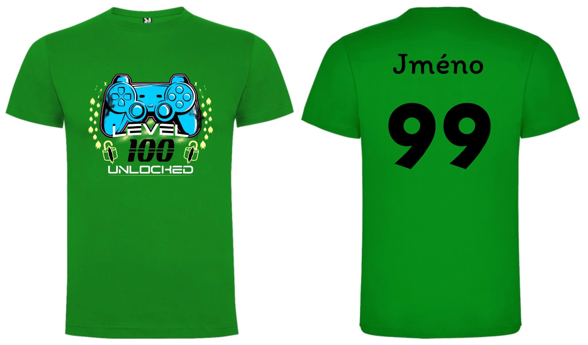 PÁNSKÉ TRIČKO s motivem NAROZENINY LEVEL UNLOCKED (vložíte věk) motiv dopředu a na záda vlastní potisk Zelená