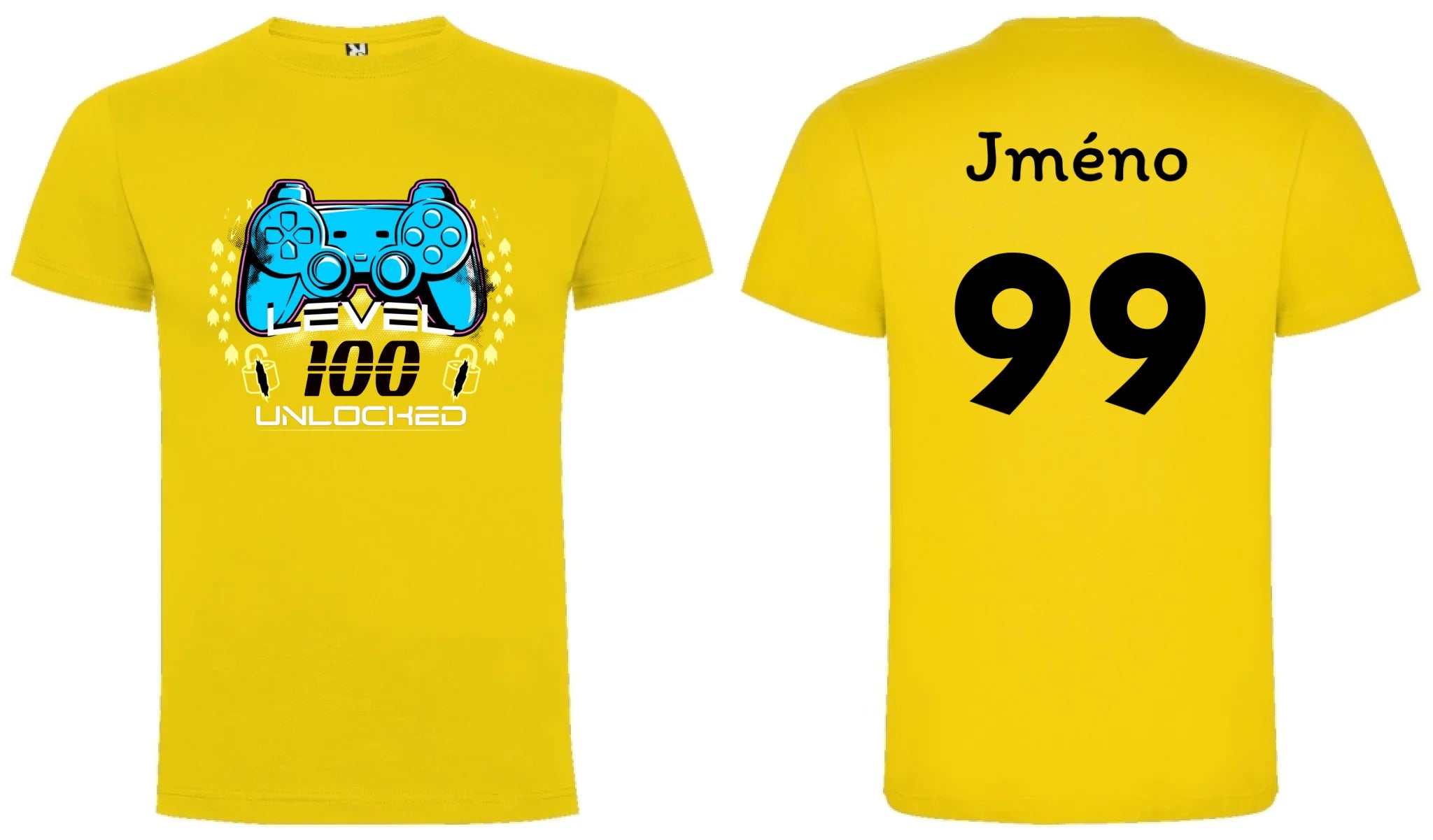 PÁNSKÉ TRIČKO s motivem NAROZENINY LEVEL UNLOCKED (vložíte věk) motiv dopředu a na záda vlastní potisk Žlutá
