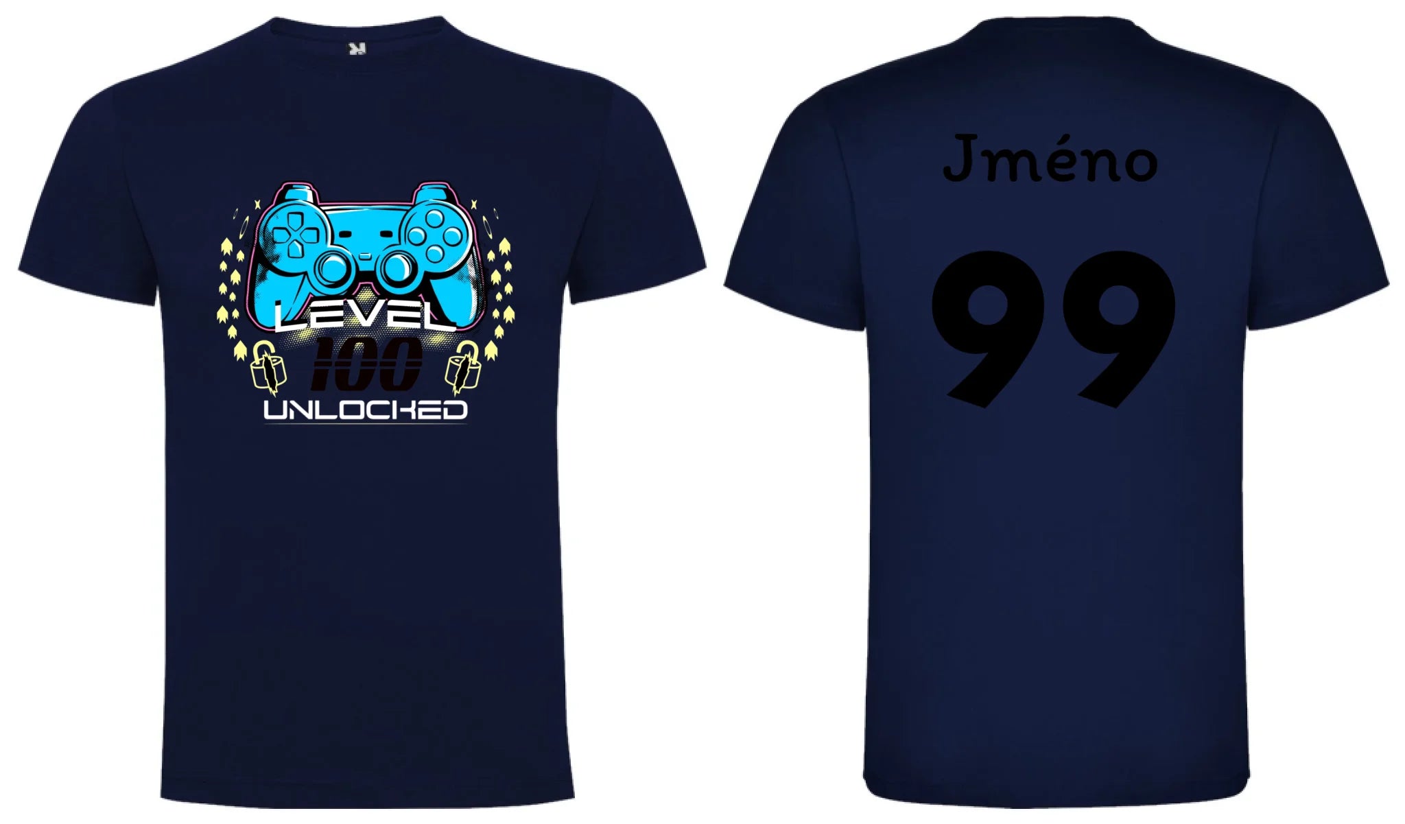 PÁNSKÉ TRIČKO s motivem NAROZENINY LEVEL UNLOCKED (vložíte věk) motiv dopředu a na záda vlastní potisk Námořnická modrá