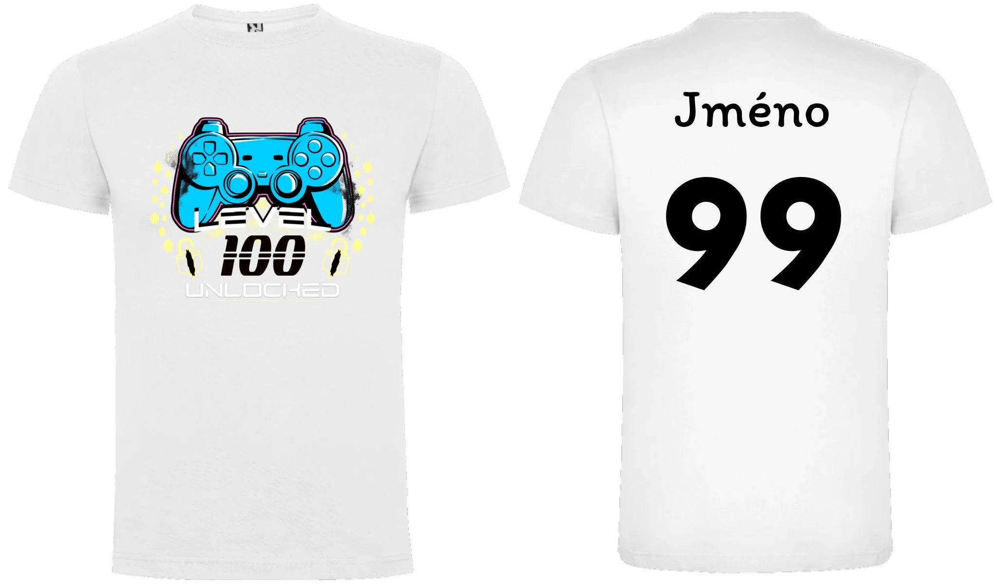 CHLAPECKÉ TRIČKO s motivem NAROZENINY LEVEL UNLOCKED (vložíte věk) motiv dopředu a na záda vlastní potisk Bílá