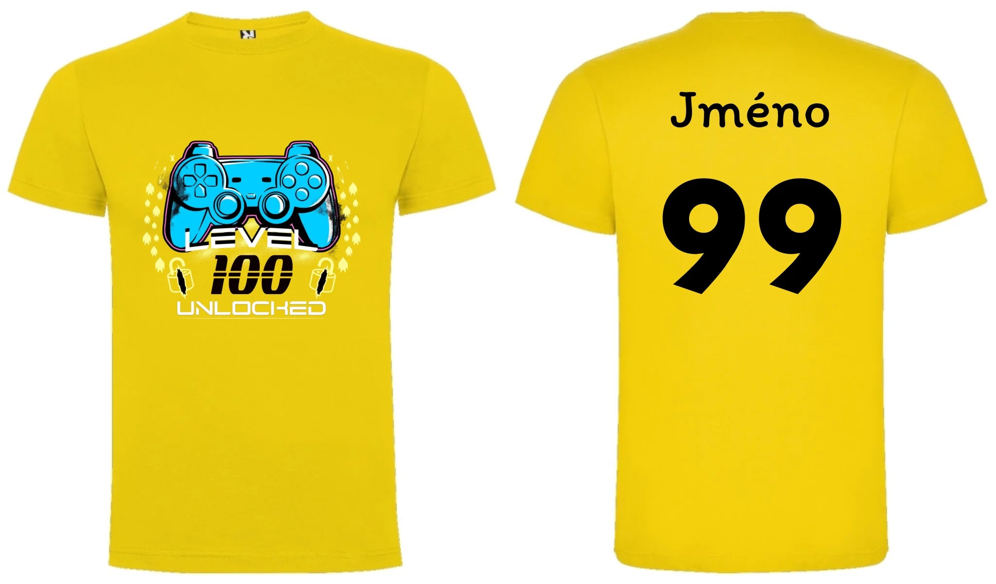 CHLAPECKÉ TRIČKO s motivem NAROZENINY LEVEL UNLOCKED (vložíte věk) motiv dopředu a na záda vlastní potisk Žlutá