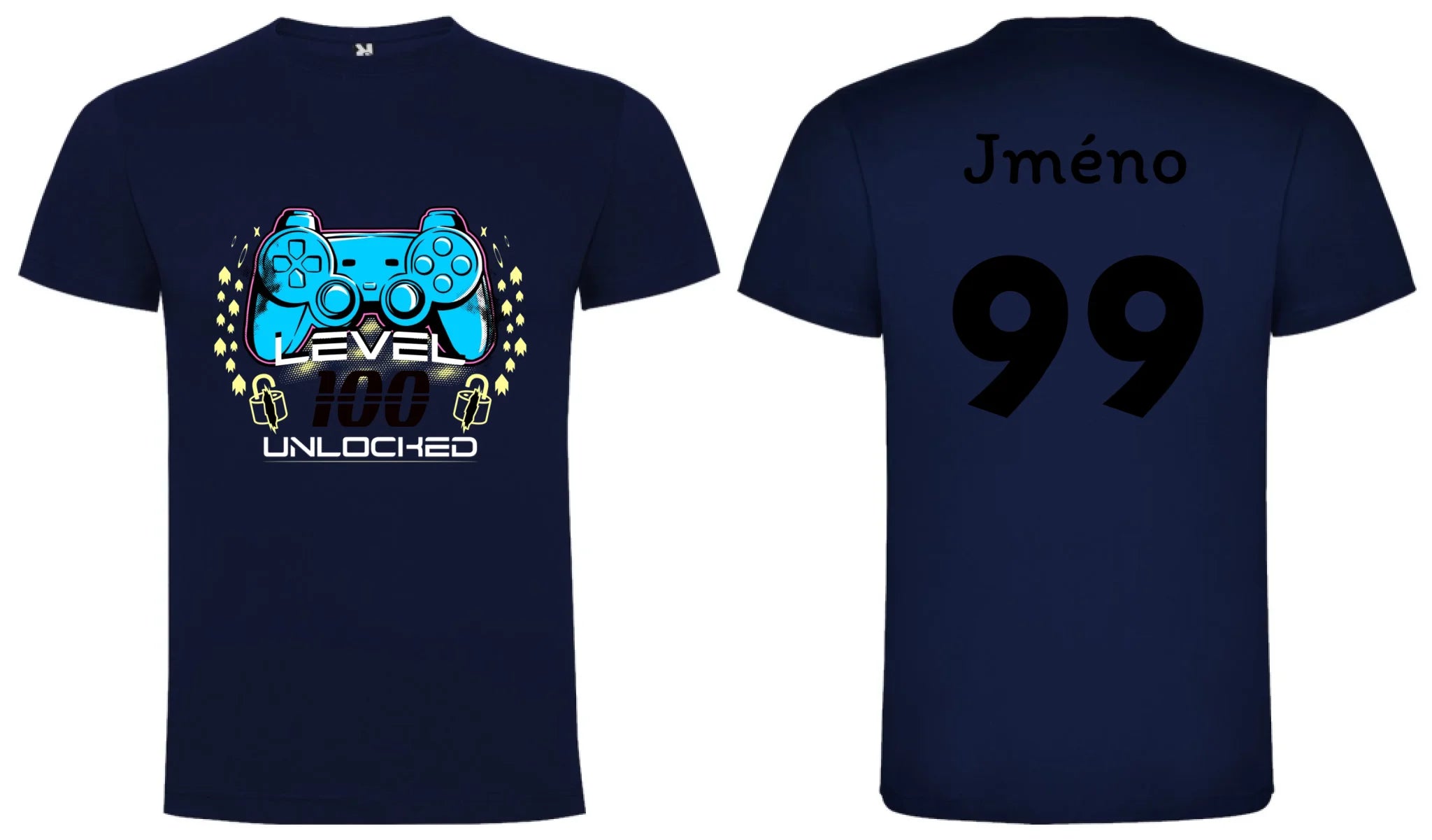 CHLAPECKÉ TRIČKO s motivem NAROZENINY LEVEL UNLOCKED (vložíte věk) motiv dopředu a na záda vlastní potisk Námořnická modrá