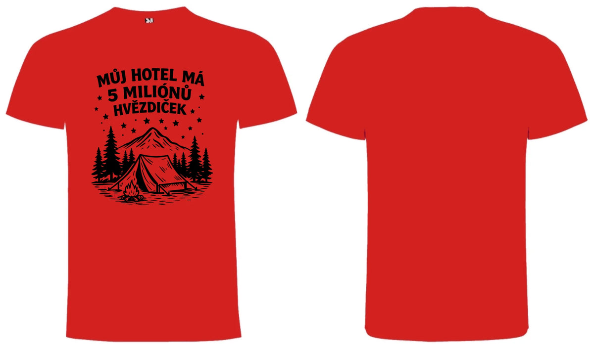 PÁNSKÉ TRIČKO OUTDOOR MŮJ HOTEL s možností dotisku jména, čísla, obrázku motiv dopředu a na záda vlastní potisk Červená