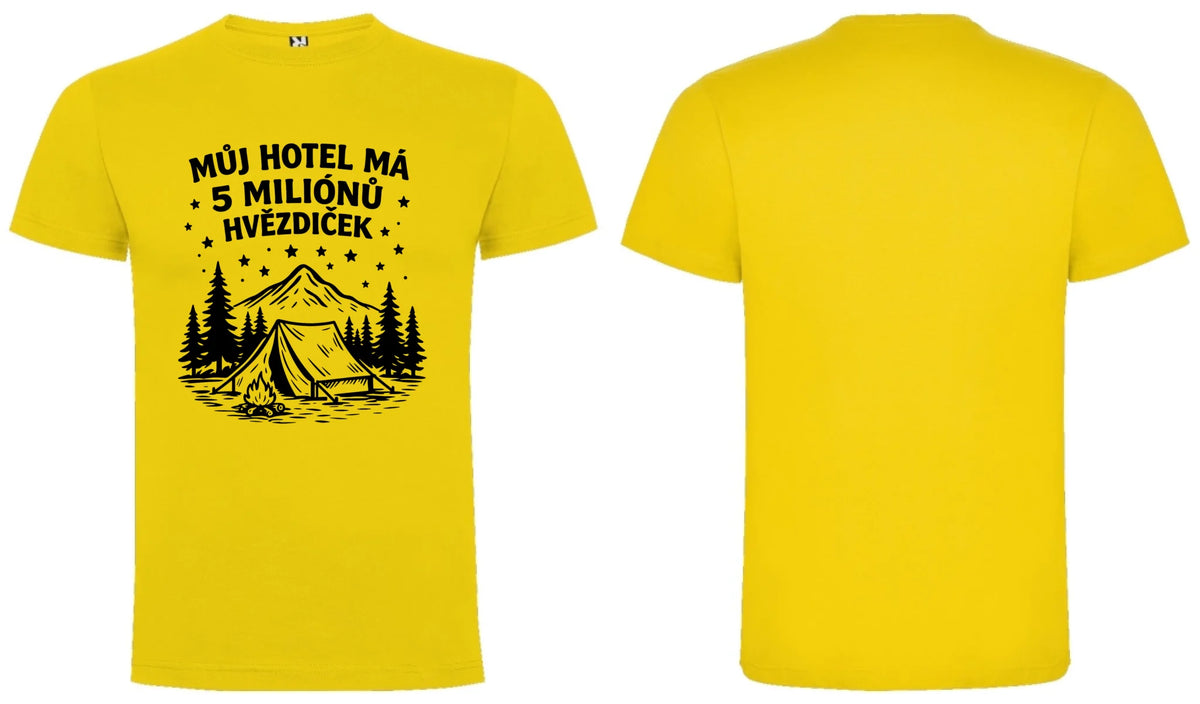 PÁNSKÉ TRIČKO OUTDOOR MŮJ HOTEL s možností dotisku jména, čísla, obrázku motiv dopředu a na záda vlastní potisk Žlutá