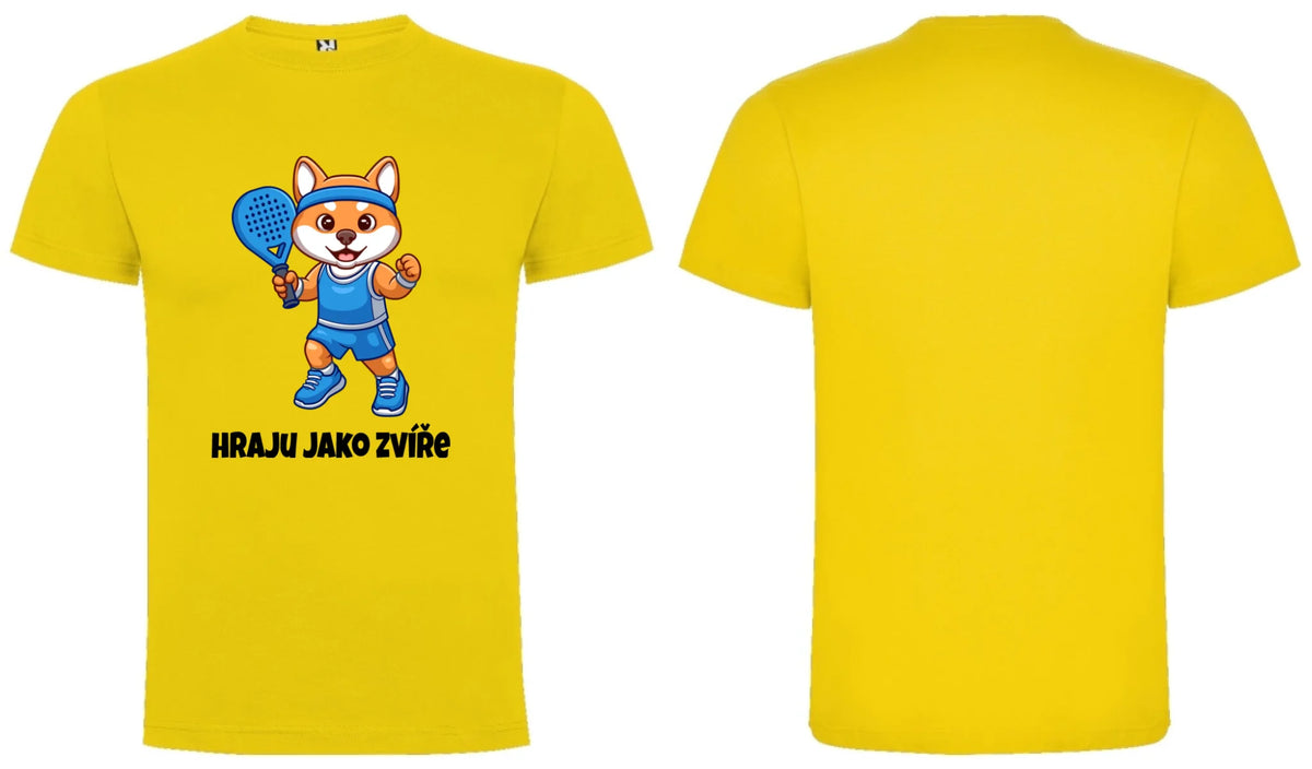 PÁNSKÉ TRIČKO PADEL HRAJU JAKO ZVÍŘE výběr ze 3 obrázků, možnost personalizace motiv dopředu a na záda vlastní potisk Žlutá