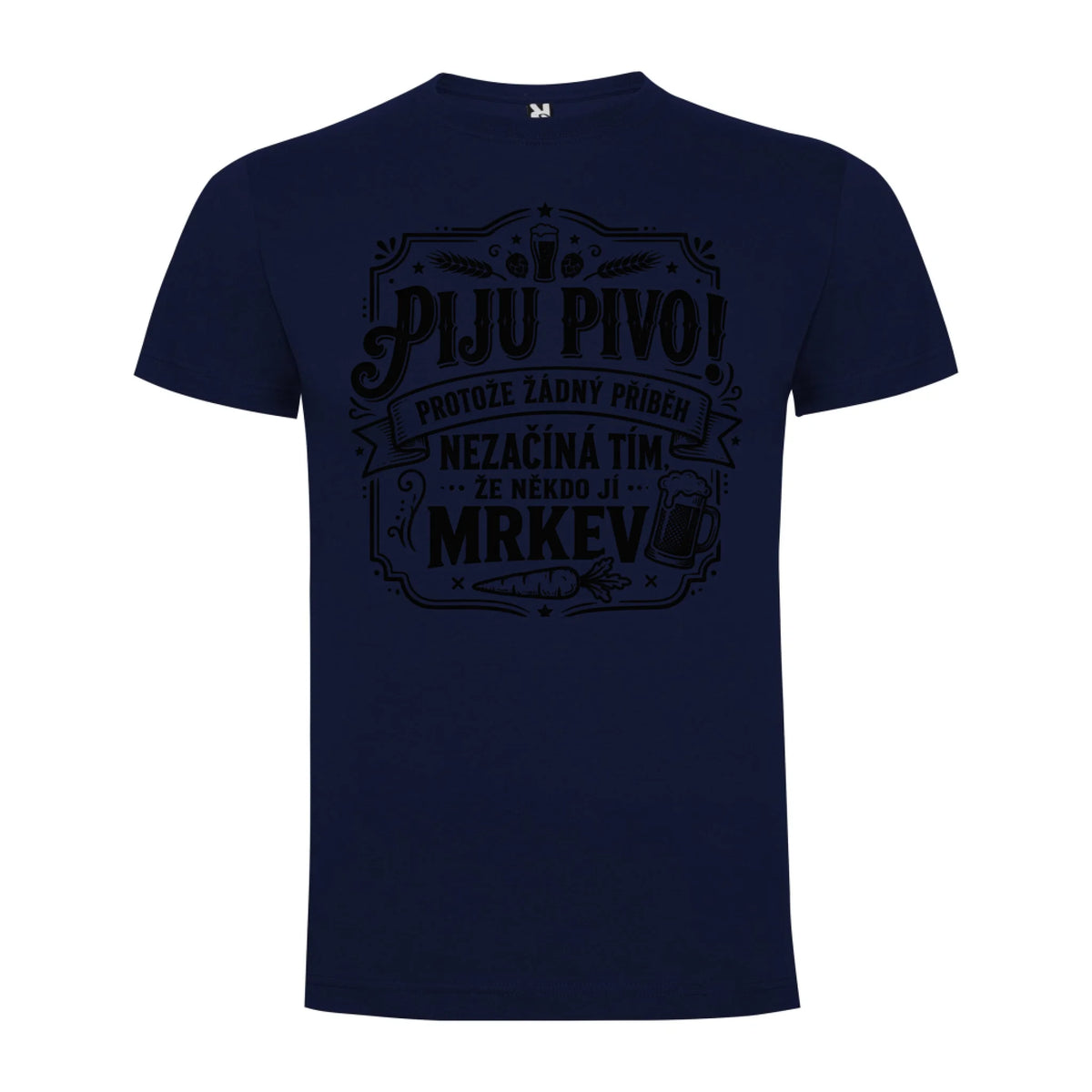 PÁNSKÉ TRIČKO PIVO PŘÍBĚH s možností dotisku jména, čísla, obrázku jen motiv dopředu Námořnická modrá