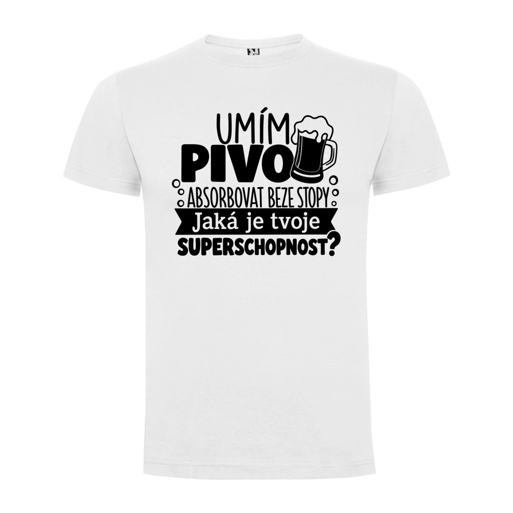 PÁNSKÉ TRIČKO PIVO SUPERSCHOPNOST s možností dotisku jména, čísla, obrázku jen motiv dopředu Bílá