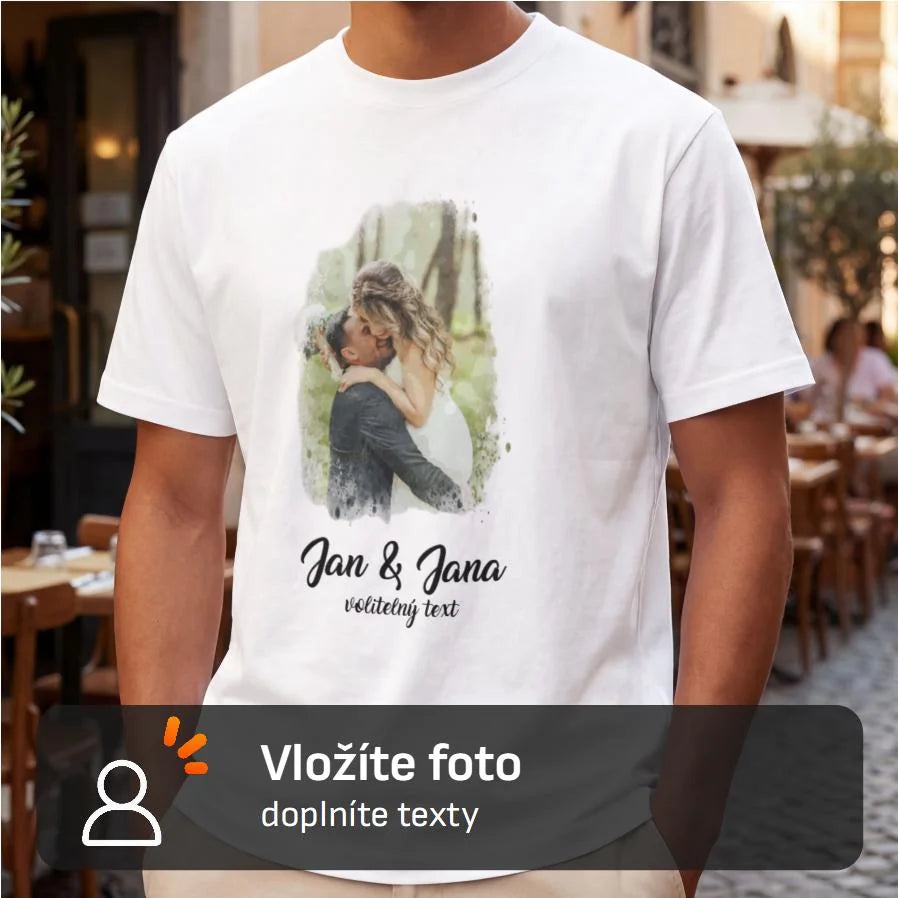 PÁNSKÉ TRIČKO s motivem SVATBA (vložíte foto a texty) s možností dotisku jména, čísla, obrázku