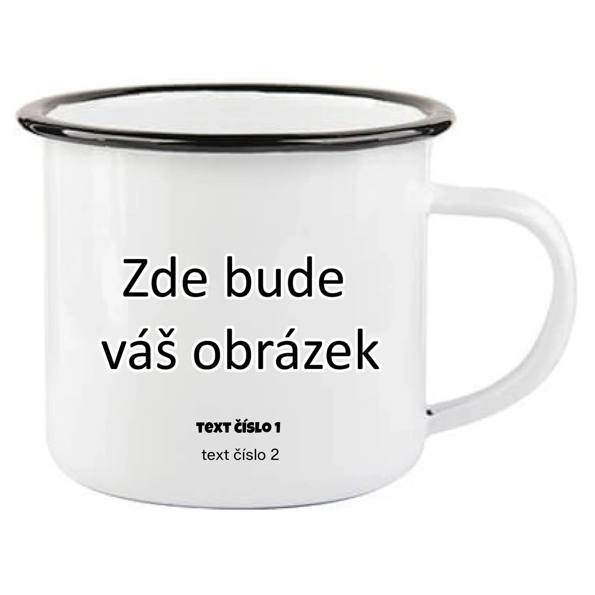 KOVOVÝ SMALTOVANÝ HRNEK s vaším motivem/fotkou potisk jen dopředu plecháček Bílý 340ml