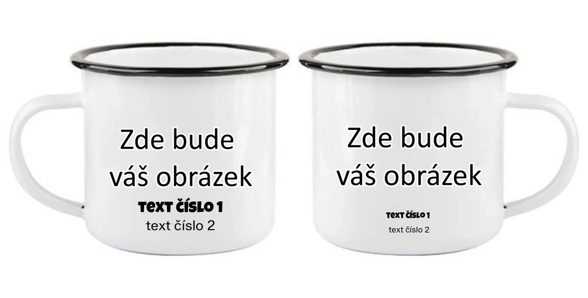 KOVOVÝ SMALTOVANÝ HRNEK s vaším motivem/fotkou oboustranný potisk plecháček Bílý 330 ml