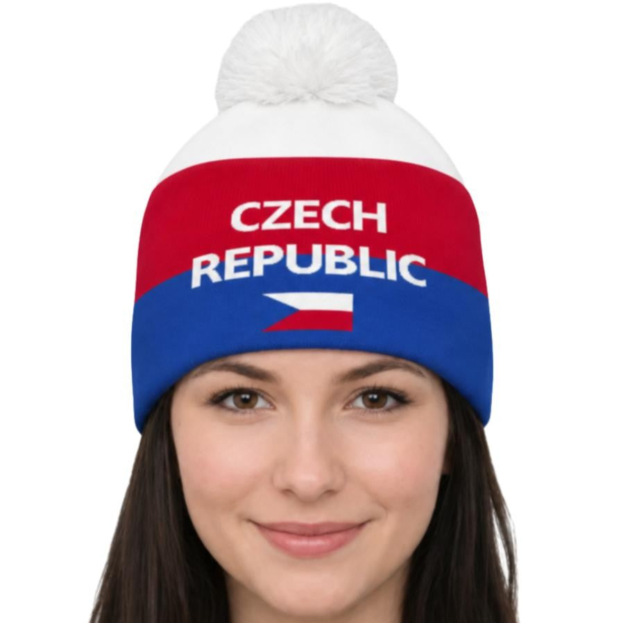 ZIMNÍ PLETENÁ ČEPICE CZECH REPUBLIC s bambulí v národních barvách – fanouškovská čepice